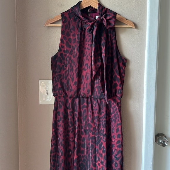 LONDON TIMES Burgundy Animal Print Sleeveless Neck Tie Maxi Dress - Picture 7 of 15